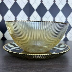 Amber Luster Ribbed Glass Bowl & Plate Set with Gold Rim Contemporary Tablescape